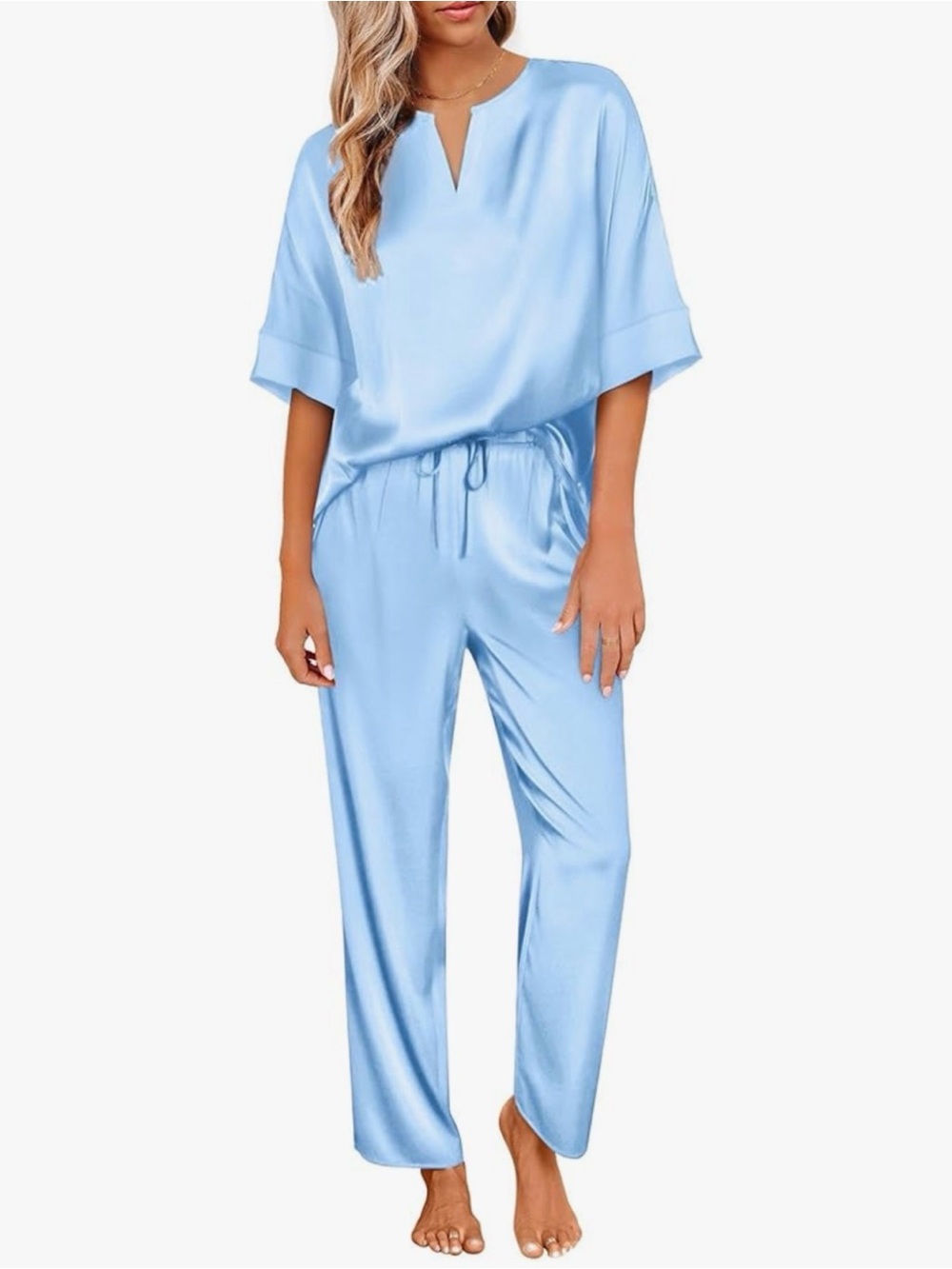Light Blue Satin Loungewear Set